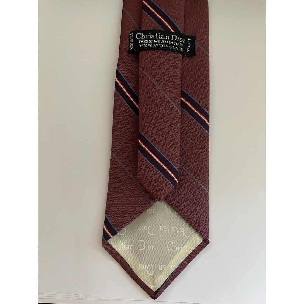 Vintage Christian Dior Neck Tie DIOR Logo Monogram Wine Thin Diagonal Stripes